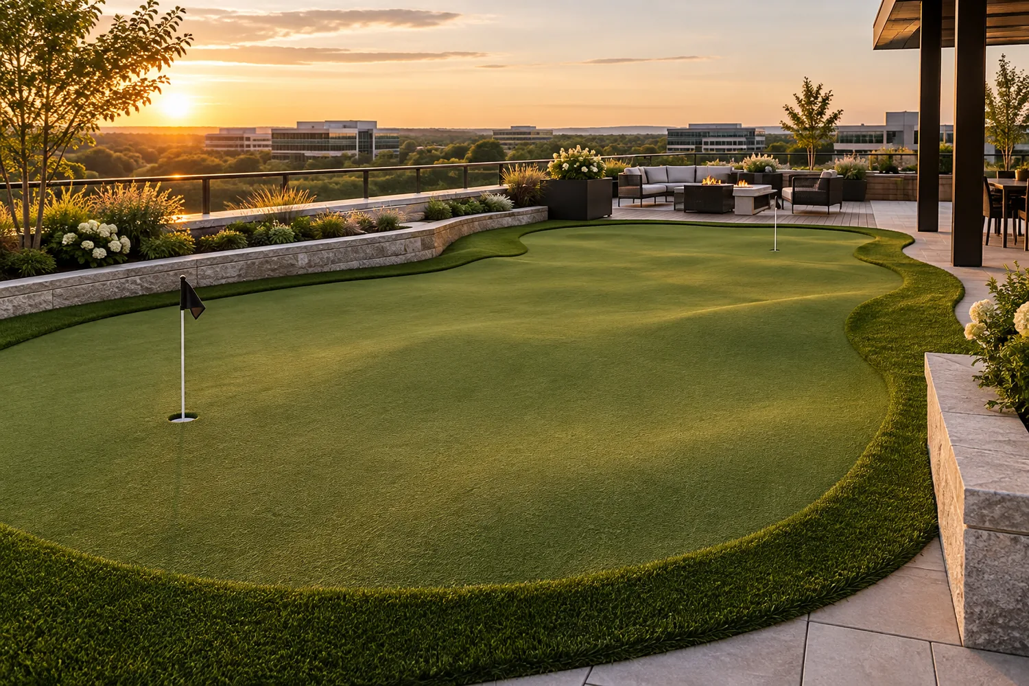 Custom artificial golf putting green on a Kanata corporate hospitality terrace