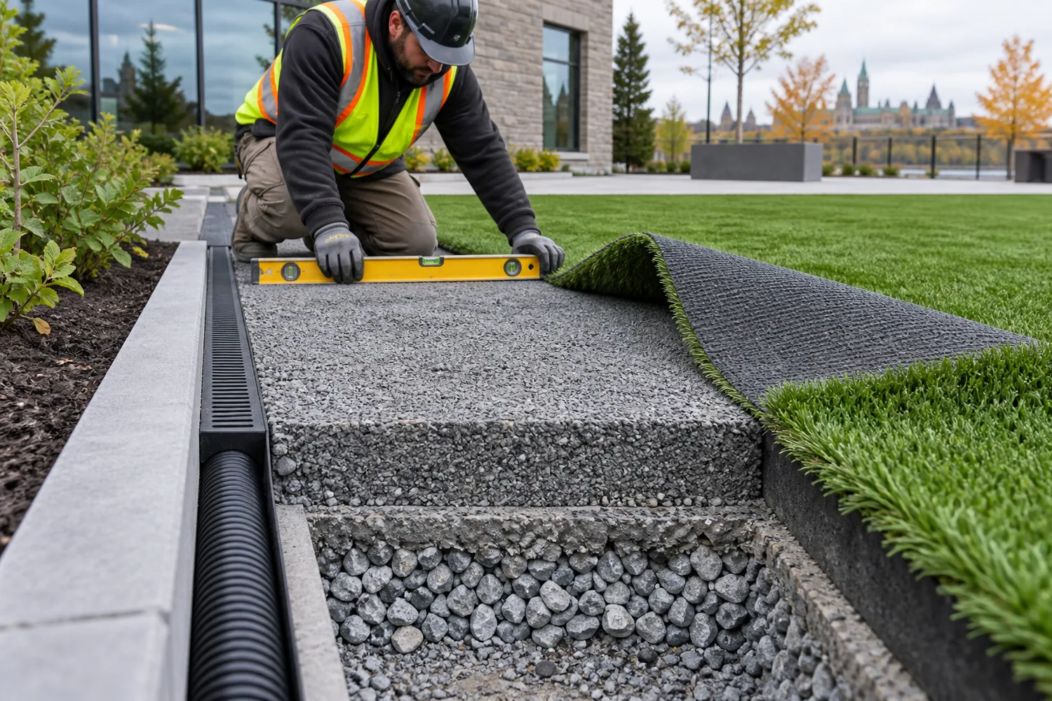 Installer checking the compacted aggregate base and drainage beside artificial turf in Kanata