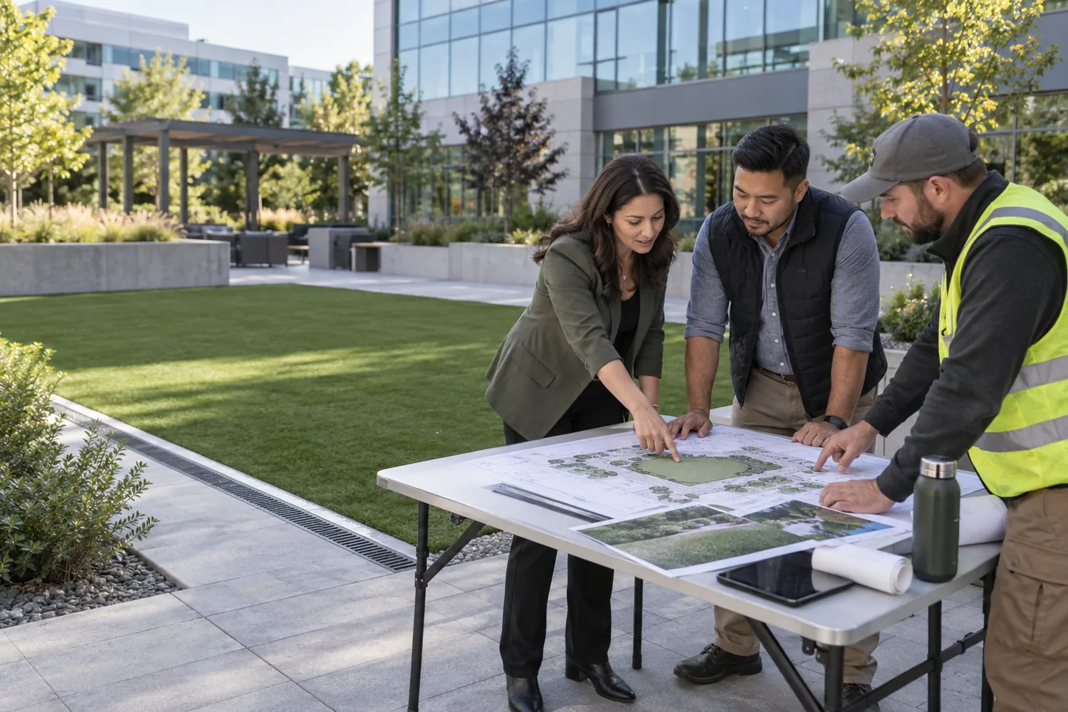 Property manager, landscape designer and turf installer reviewing plans for a Kanata commercial courtyard