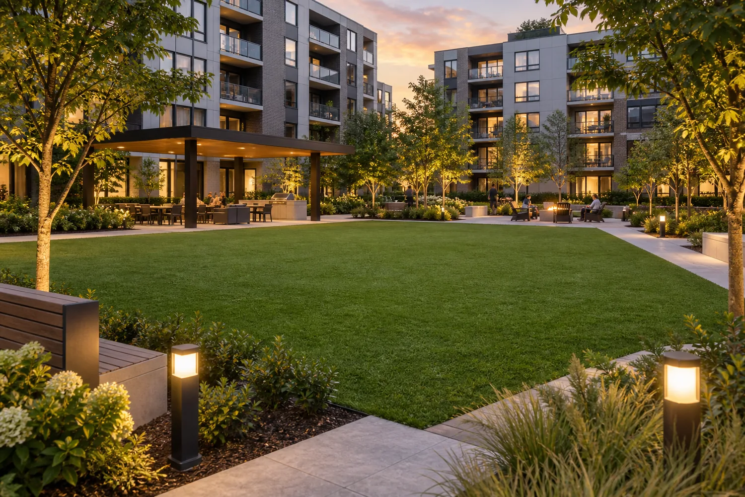 Artificial turf common-area courtyard at a modern Kanata condominium community
