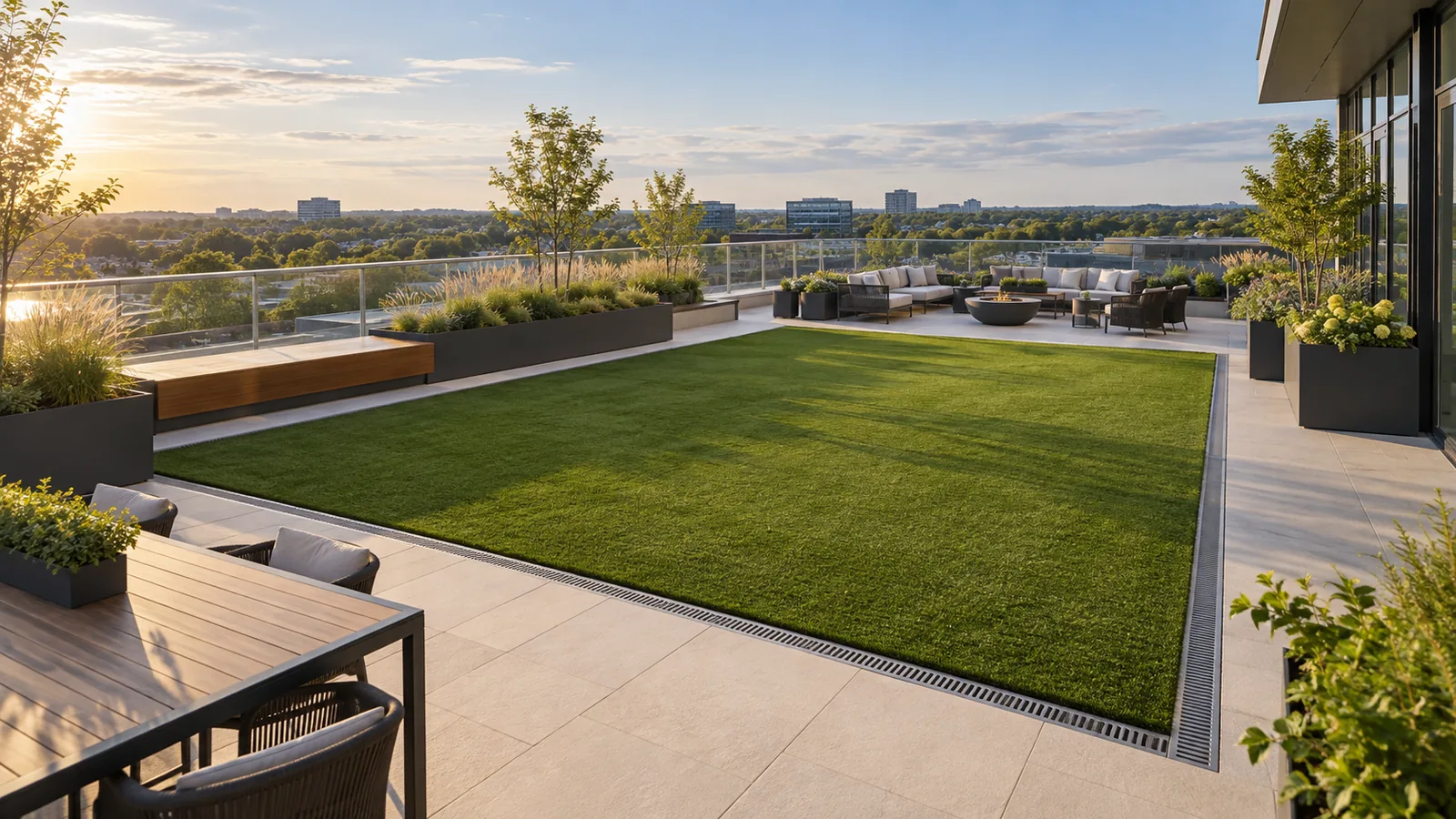 Artificial turf amenity lawn on a modern Kanata office rooftop