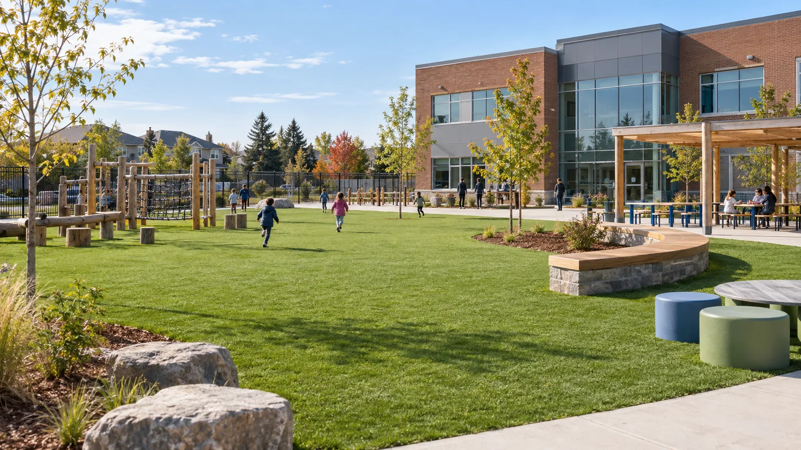 Artificial grass activity area at a modern Ottawa school and outdoor classroom